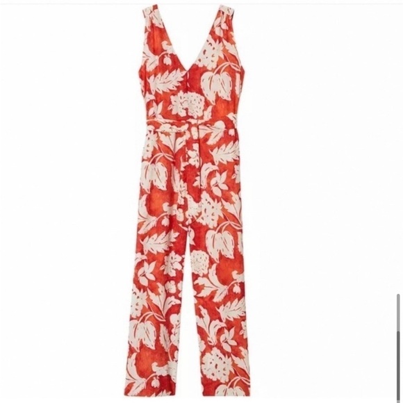 Mango Pants - Mango Red Floral Wide-Leg Jumpsuit | Summer Vacation Resort Chic | Size M